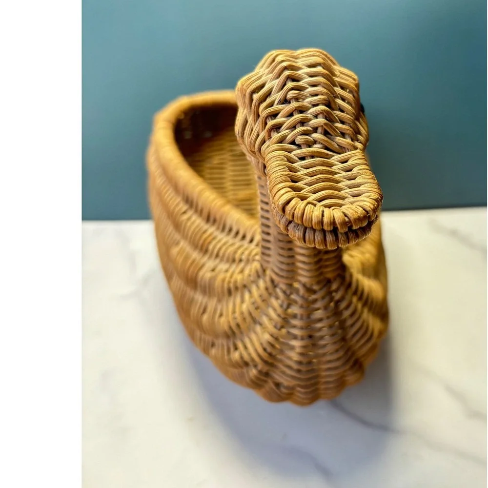 Vintage Wicker Duck Basket Handwoven Rattan Mallard Figurine Decor Catchall
